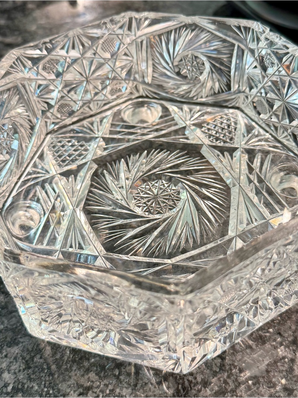 ABP American Brilliant Cut Crystal Octagonal Footed Bowl, Pinwheel & Hobstar